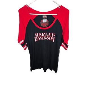 Harley Davidson 3/4 Sleeve Red and Black Scoop Neck Jersey Womens XL Tulsa Y2K